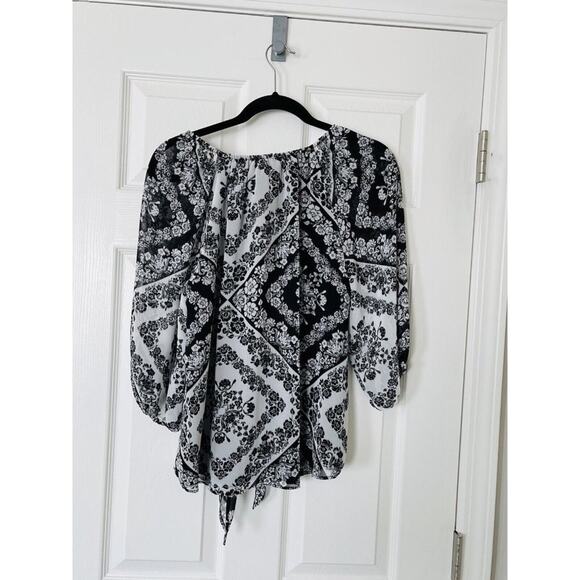 NWT Calvin Klein Scarf Print Chiffon Scoop Neck Bubble Sleeve Tie Front Blouse - Picture 5 of 5